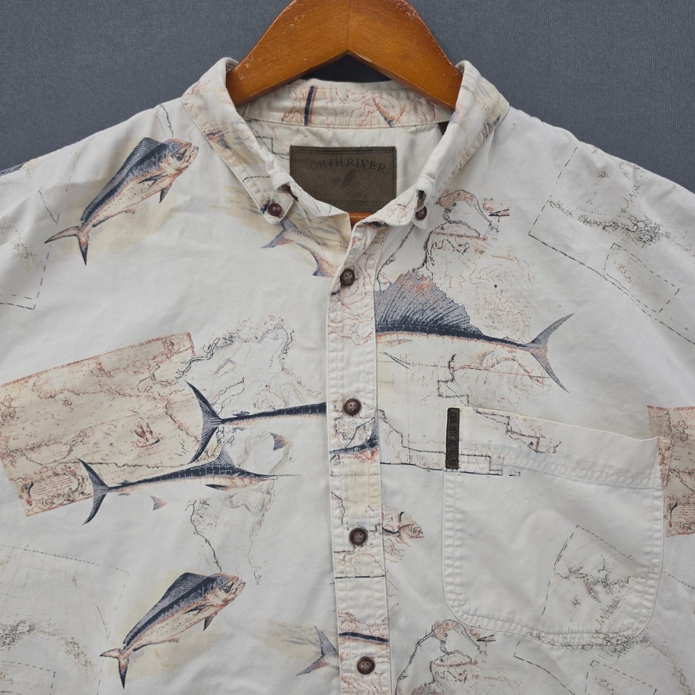 North River Mens Large Short Sleeve Button Down Shirt Fish Marlin Map Print